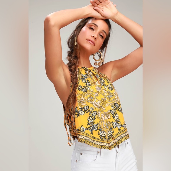 Free People Tops - Free People Sofia Floral Print Halter Crop Top - Golden Yellow - XS